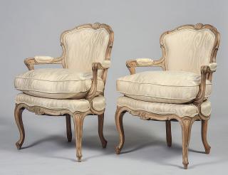 Appraisal: PAIR OF LOUIS XV STYLE BLEECHED FAUTEUILS Each with curved