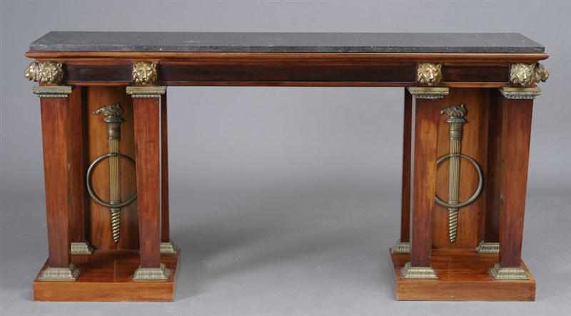 Appraisal: REGENCY STYLE GILT-METAL MOUNTED MAHOGANY CONSOLE TABLE The rectangular marble