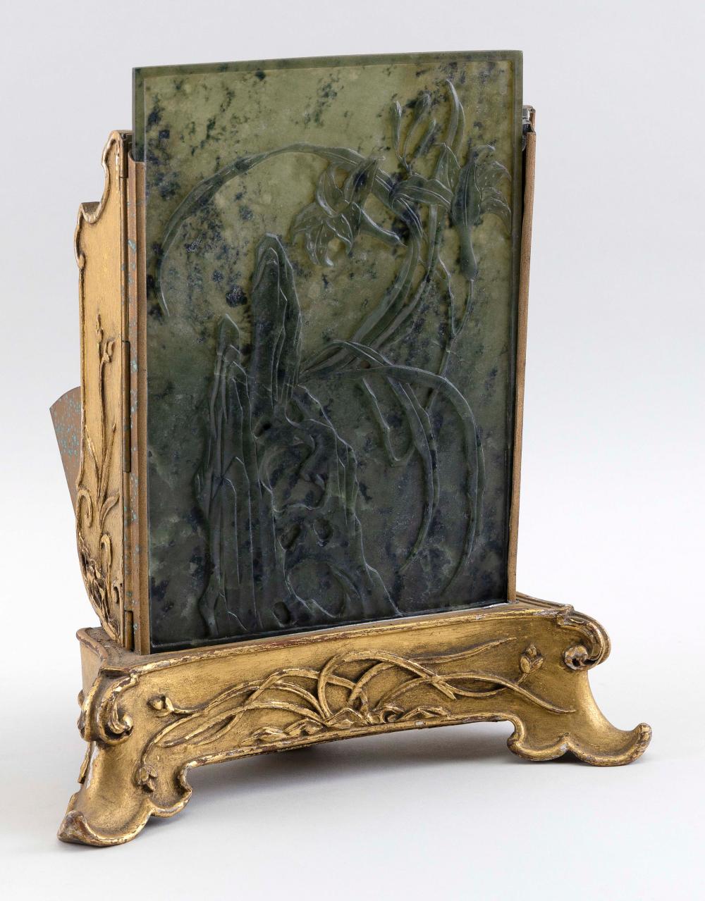 Appraisal: ART NOUVEAU SPINACH GREEN JADE AND GILTWOOD BOUDOIR LAMP PROBABLY