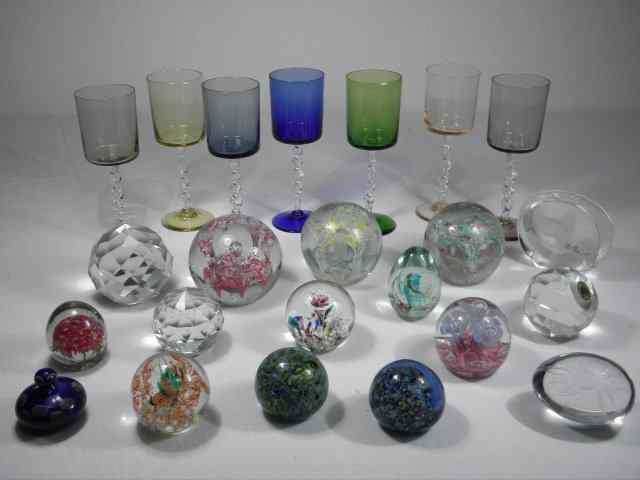 Appraisal: Lot of assorted art glass paperweights stemware and more Includes