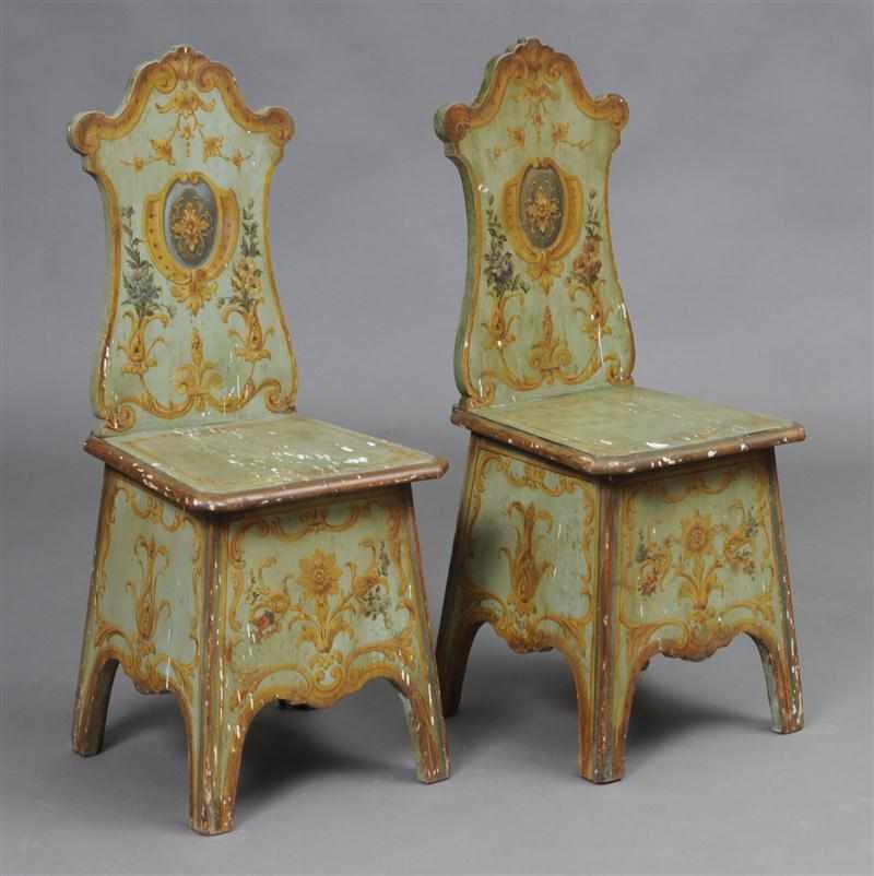 Appraisal: PAIR OF GEORGE III STYLE GREEN-GROUND PAINTED HALL CHAIRS Each