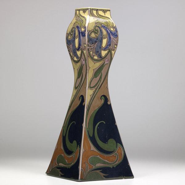 Appraisal: GOUDA Tall and early Art Nouveau four-sided vase handpainted with