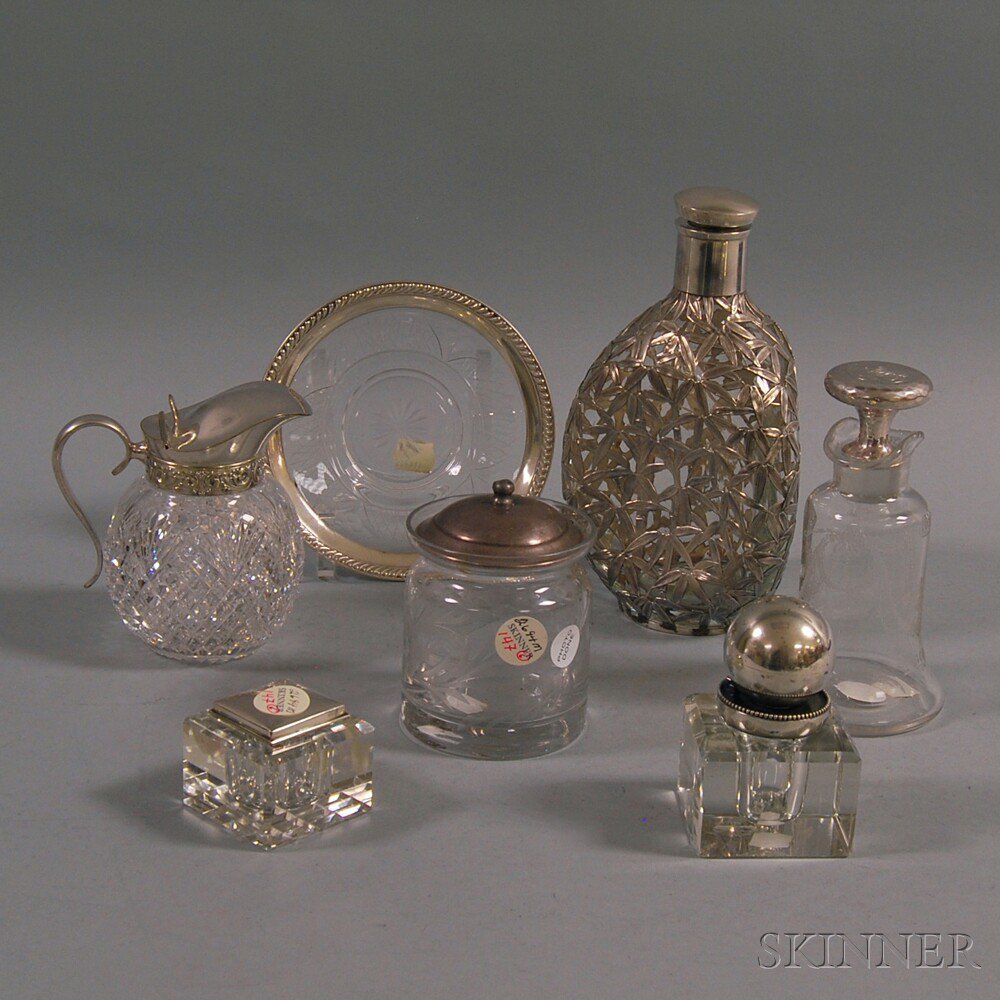 Appraisal: Six Sterling Silver-mounted Colorless Glass Items two inkwells a bell-form