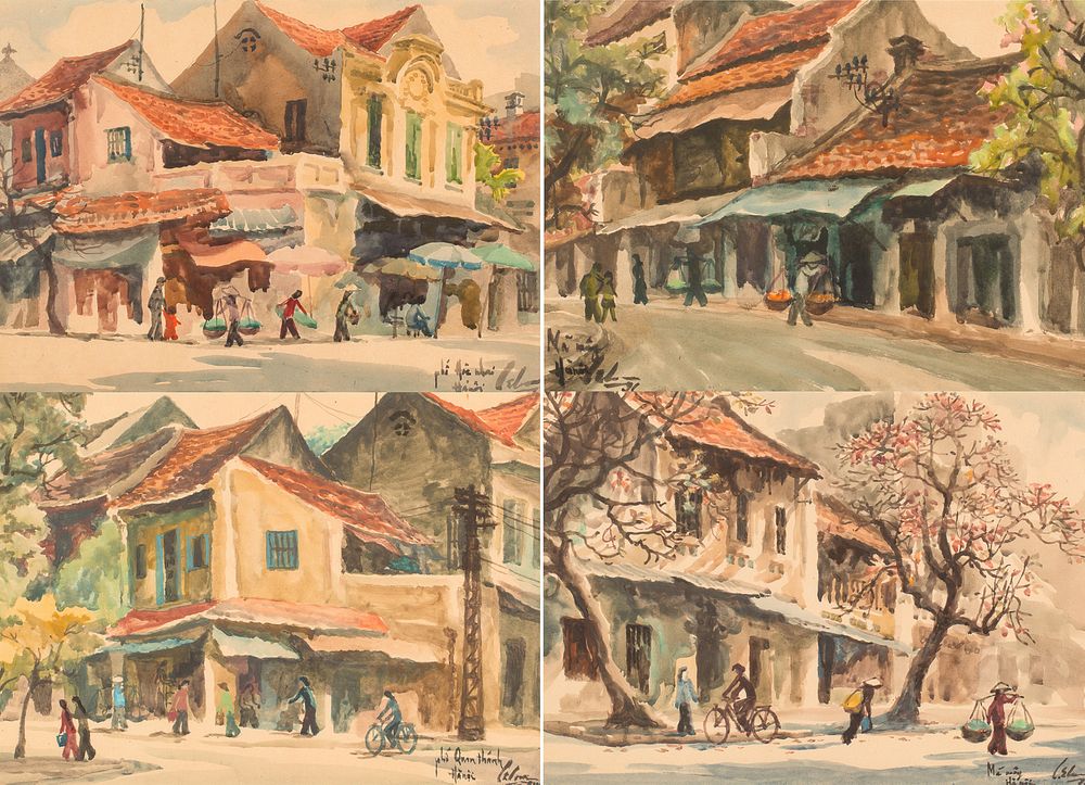 Appraisal: A SET OF FOUR WATERCOLOR CITYSCAPES BY LE CUU VIETNAMESE