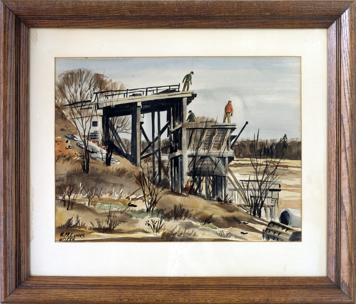 Appraisal: WATERCOLOR OF BRIDGE PILINGS WITH FIGURES SIGNED H M LUHRS