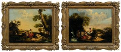 Appraisal: Pair of pastoral scenes oil on canvas fisherman and family