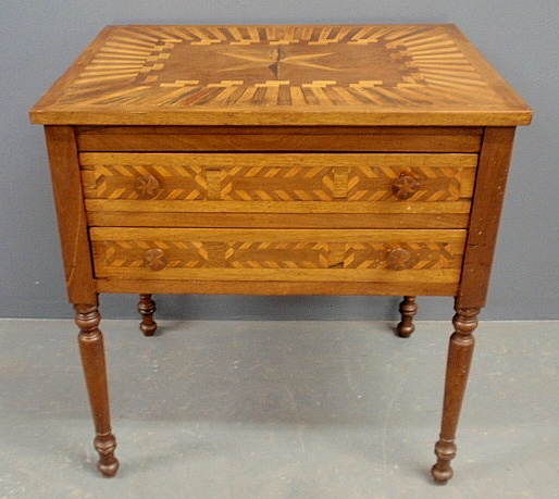 Appraisal: - Sheraton style intricately inlaid two-drawer table probably late th