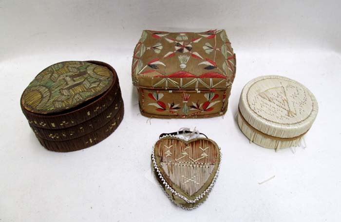 Appraisal: THREE NATIVE AMERICAN QUILL BOXES PLUS DOUBLE SIDED HANGING HEART