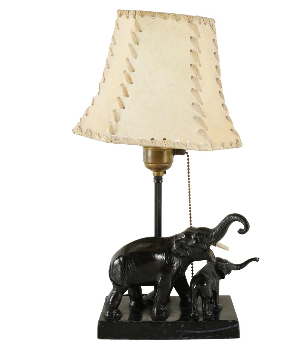 Appraisal: PATINATED METAL ELEPHANT GROUPmounted as a table lamp' inches high