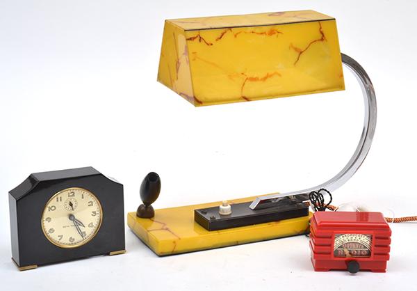 Appraisal: THREE BAKELITE PIECES INCLUDING ONE LAMP CLOCK AND TINYMITE RADIO