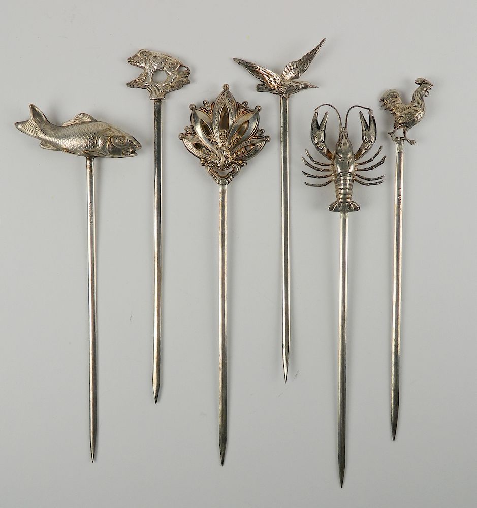 Appraisal: Set of French silver plate figural skewers Set of French