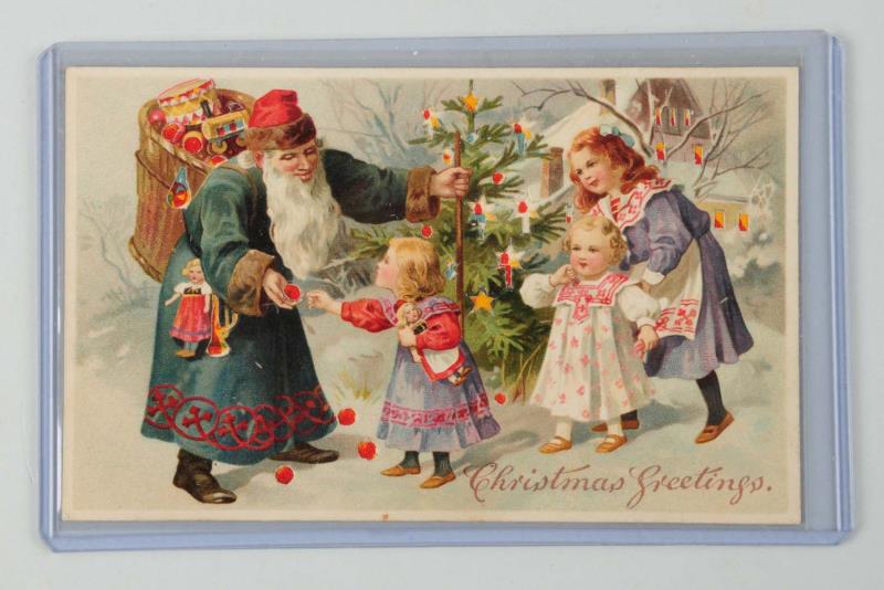 Appraisal: Hold-to-Light Santa Postcard Beautiful horizontal postcard depicting Santa in green