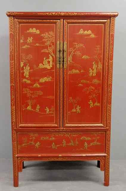 Appraisal: Red decorated Chinese cupboard th c with a drawered and