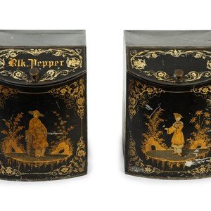 Appraisal: A Pair of English Black and Gilt Chinoiserie Decorated Tole