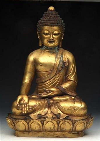 Appraisal: AN EASTERN GILT BRONZE SEATED FIGURE of Bhudda with outstretched