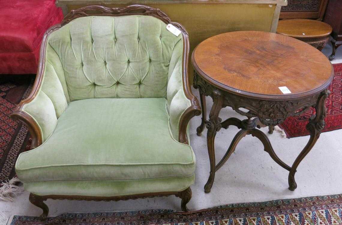 Appraisal: LOUIS XV STYLE ARMCHAIR AND LAMP TABLE American th century