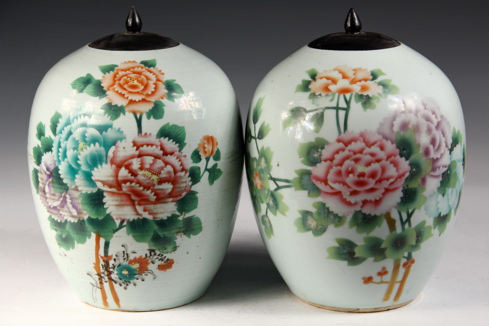 Appraisal: PAIR CHINESE GINGER JARS - Celadon Porcelain Jars decorated with