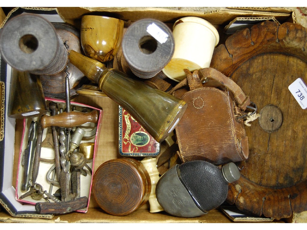 Appraisal: Two cows-horn gunpowder flasks various corkscrews treen and other collectables