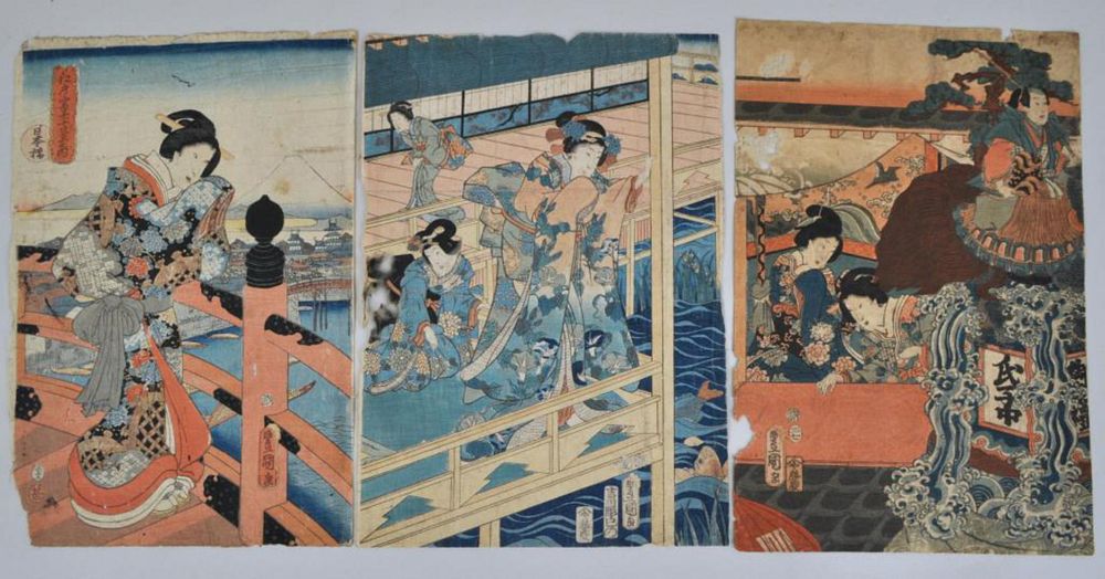 Appraisal: Group Three Japanese W B Prints depicting figures at water's