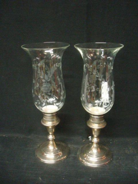 Appraisal: Pair of Sterling Weighted Hurricane Lamps Fleabite to one edge