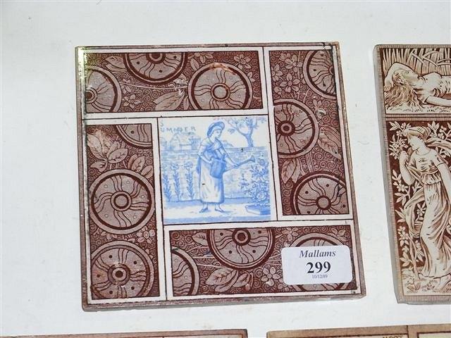 Appraisal: FIVE MINTON TILES cream brown four rectangular pictures of flowers