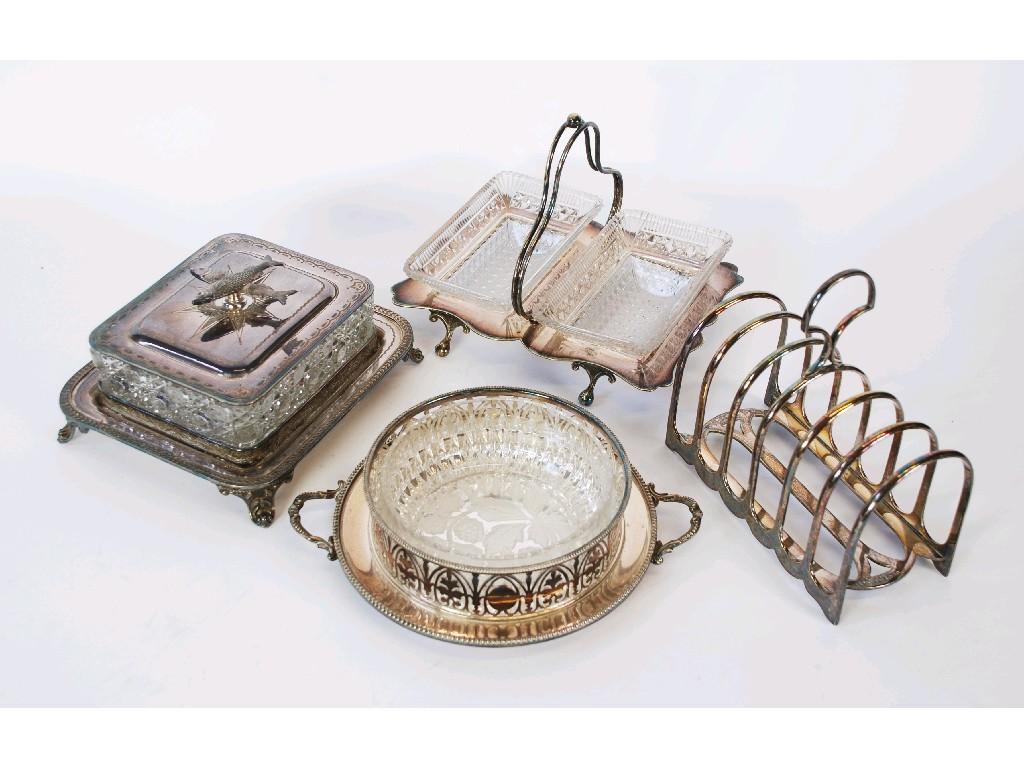 Appraisal: ELECTROPLATED TOAST RACK SARDINE FISH with glass liner and plated