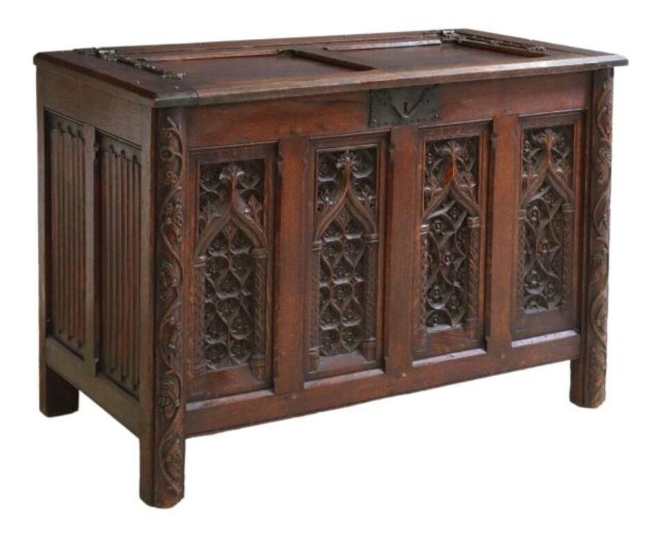 Appraisal: Gothic Revival oak coffer trunk th th c hinged lid