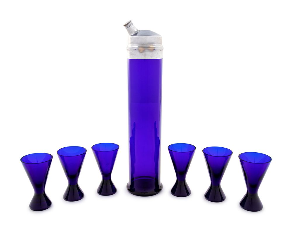 Appraisal: A Seven-Piece Cobalt Blue Glass Cocktail Set A Seven-Piece Cobalt