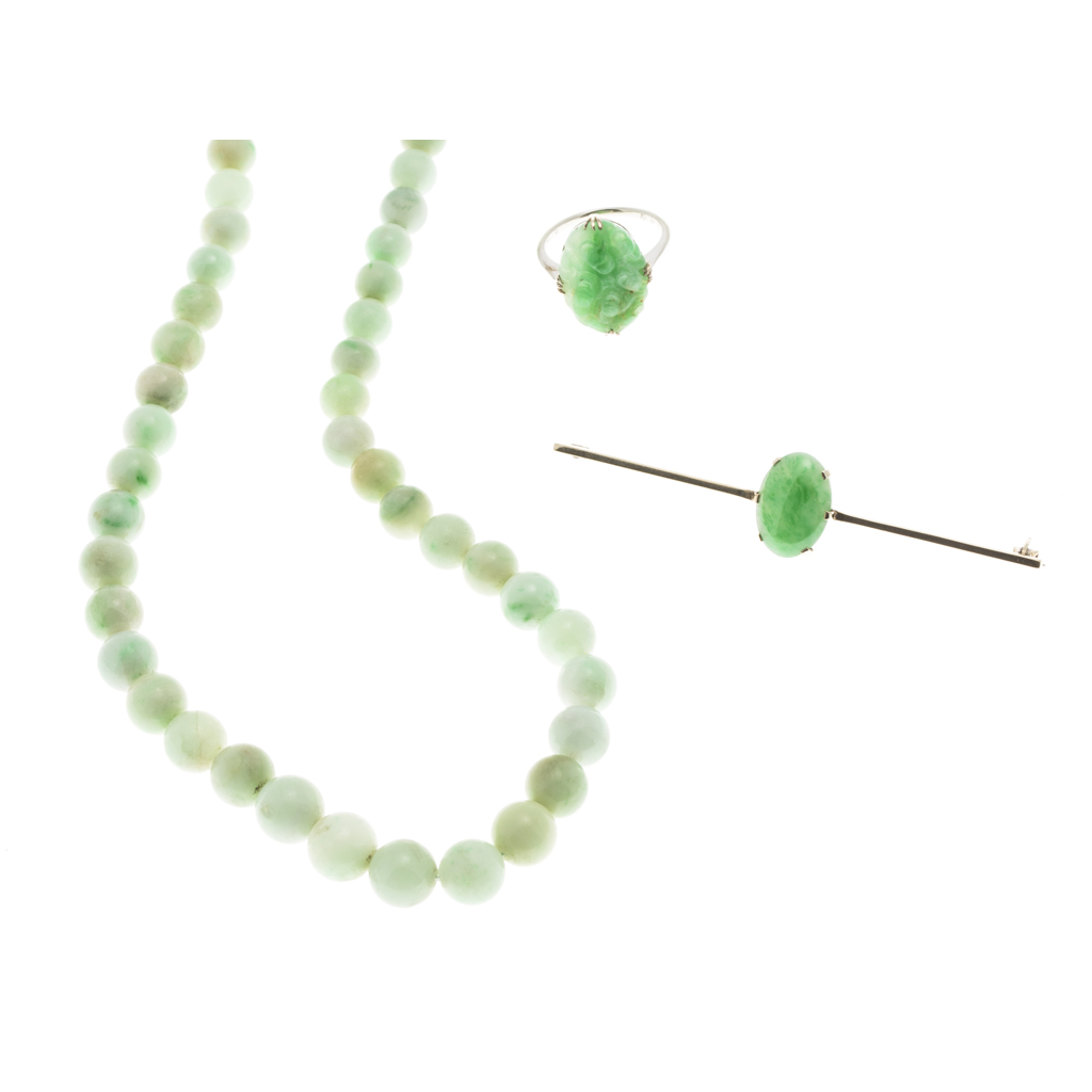 Appraisal: A collection of jade jewellery to include a single strand