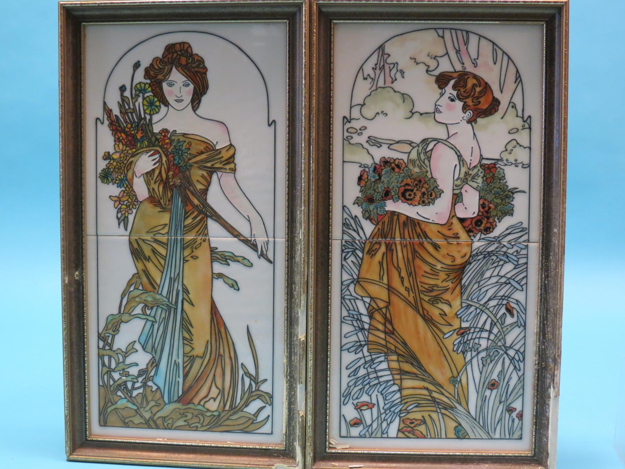 Appraisal: A pair of Art Nouveau-style tile panels young females in