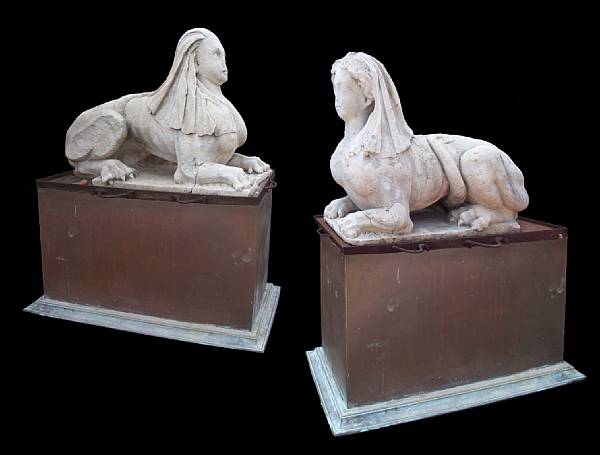 Appraisal: Two French stone sphinxes th century Each recumbent figure with