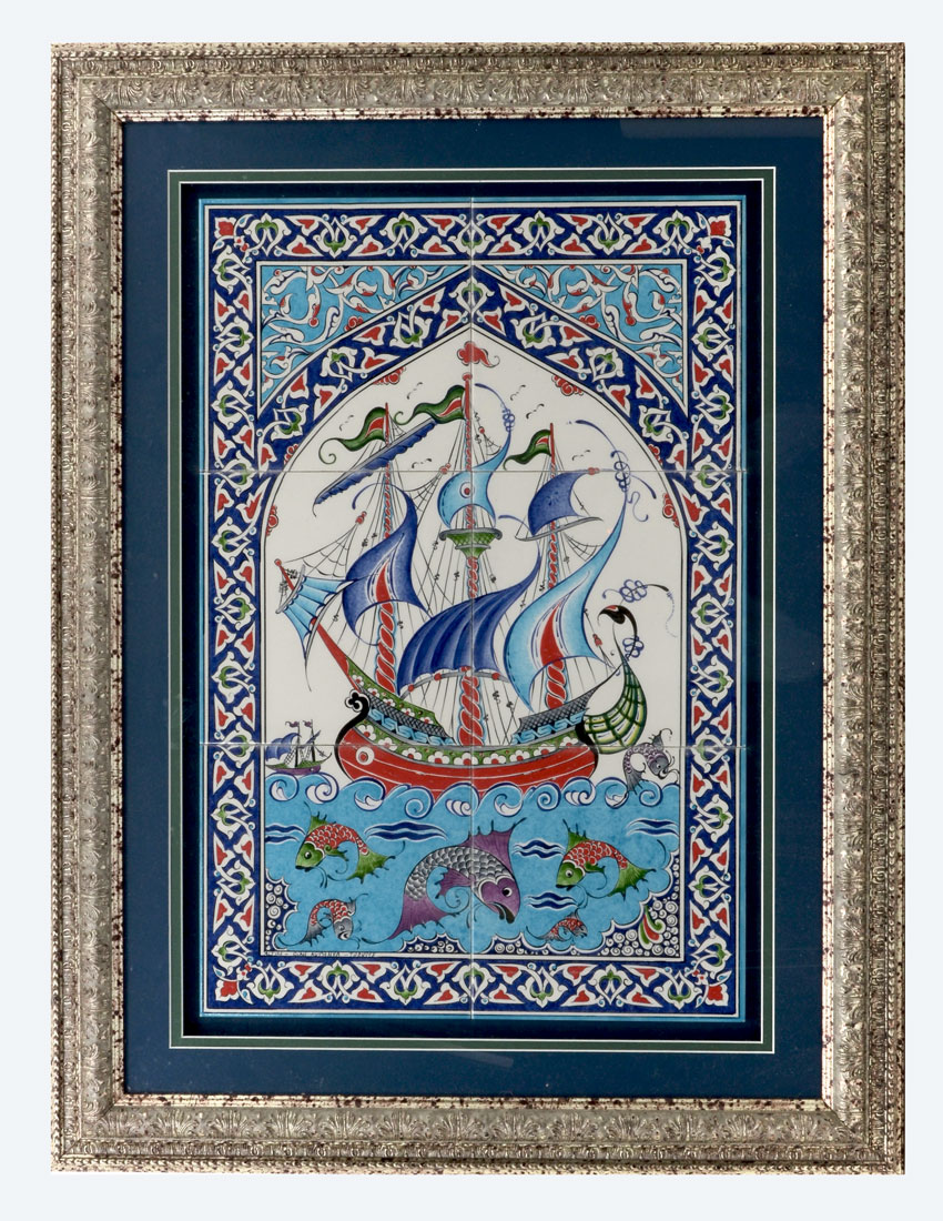 Appraisal: FRAMED PERSIAN TILE SAILING SHIP FISH PANEL Stylized clipper ship