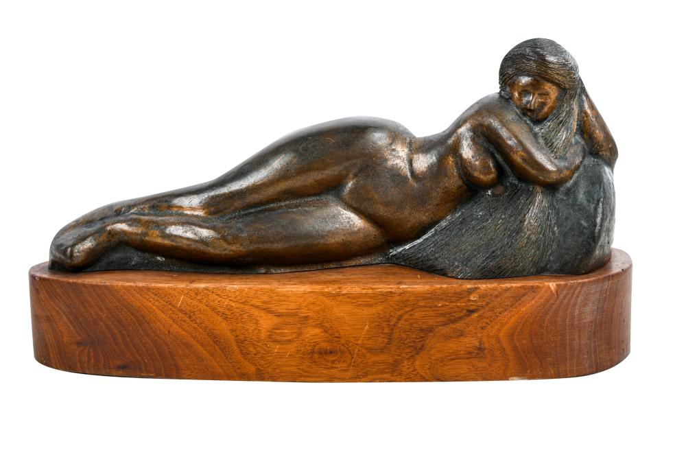 Appraisal: HARRY FUTORAN RECLINING NUDEpatinated bronze signed mounted to a wooden