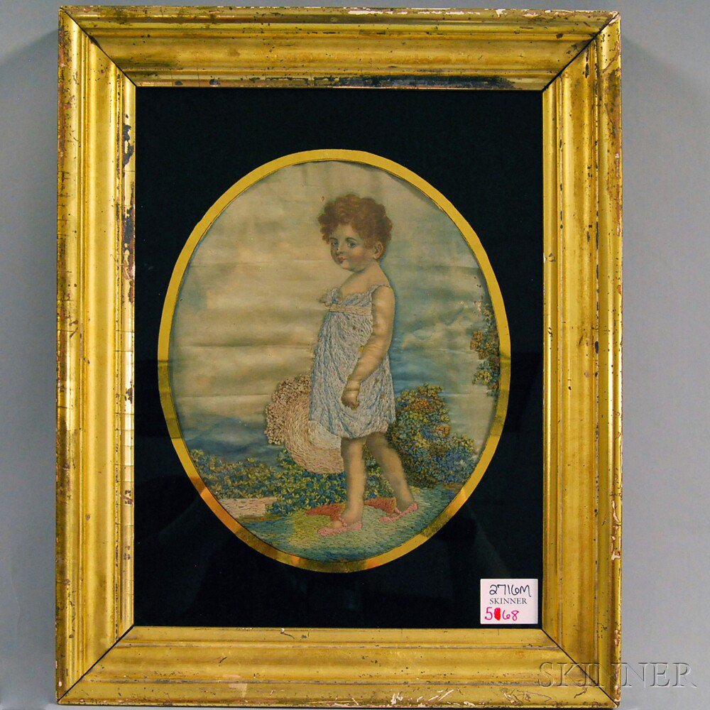 Appraisal: Framed English Woolwork and Watercolor Picture th century depicting a