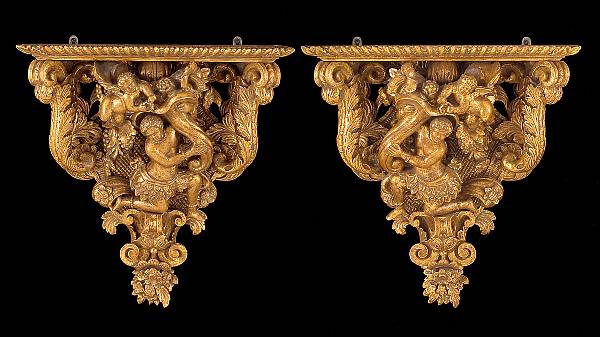 Appraisal: A pair of Italian Rococo style giltwood wall brackets Each