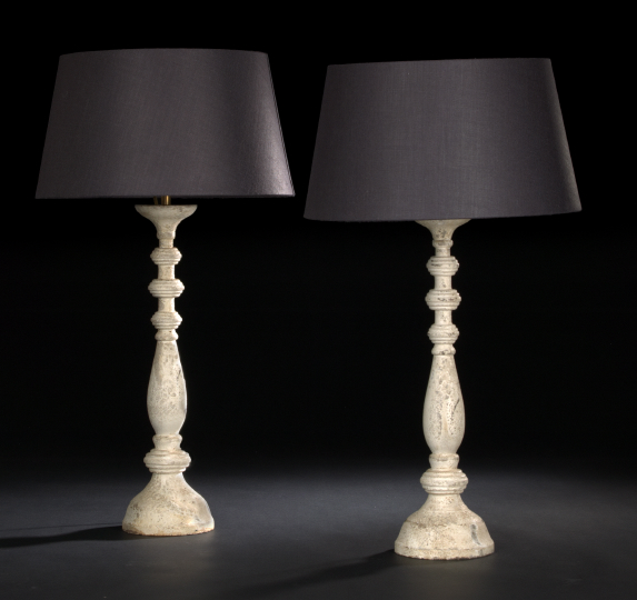 Appraisal: Pair of Italian Polychromed Wood Pricket Candlesticks now fitted as