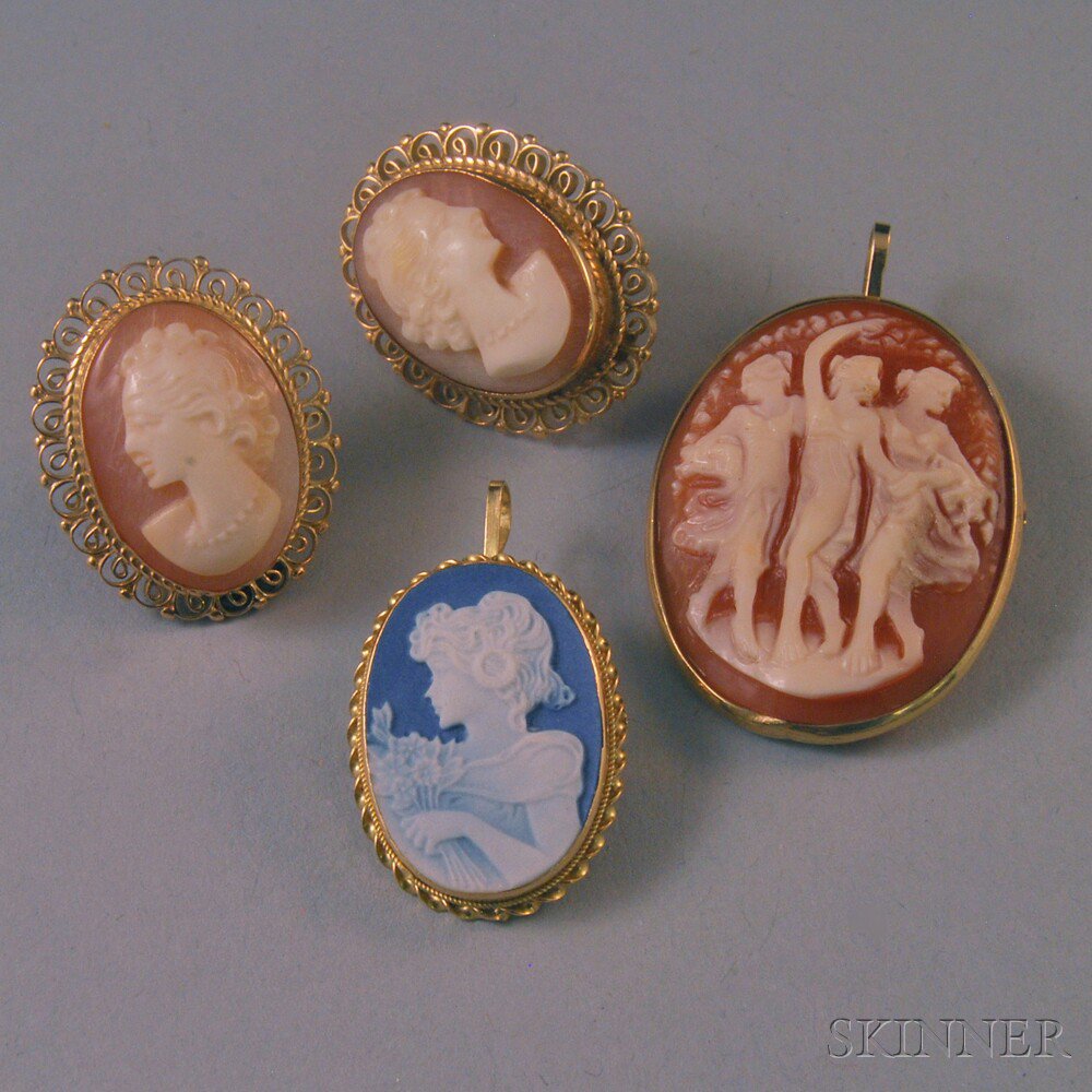 Appraisal: Small Group of Cameo Jewelry a kt gold-framed shell-carved cameo