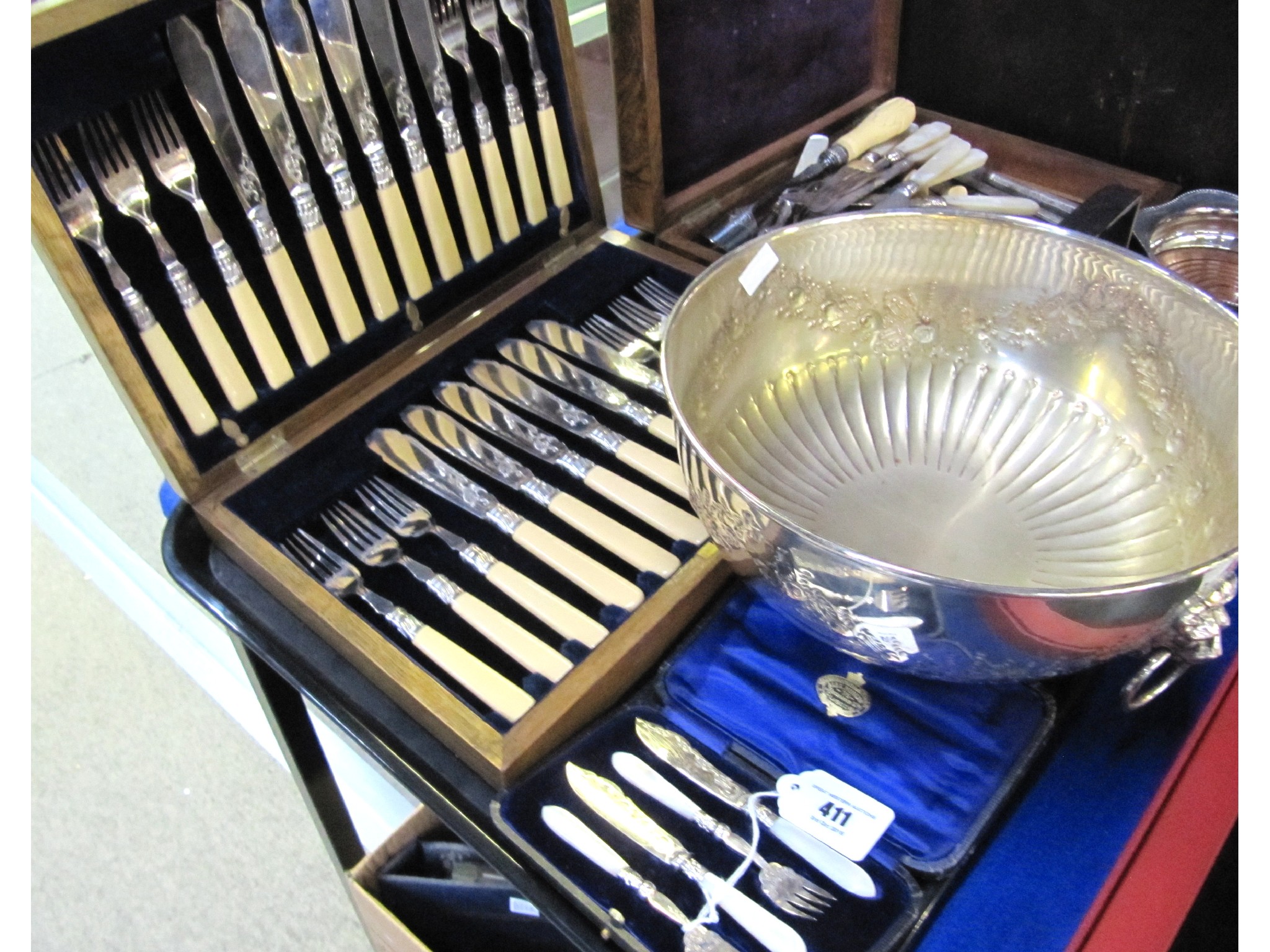 Appraisal: A tray lot of EP - fish cutlery punch bowl