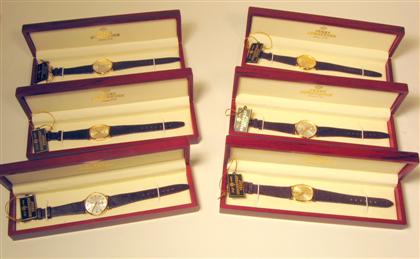 Appraisal: Group of six Jules Jurgenson K yellow gold men's wristwatchesIn