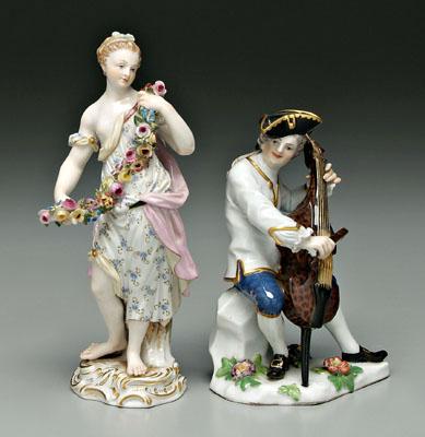 Appraisal: Two Meissen figurines seated cello player inscribed quot quot -