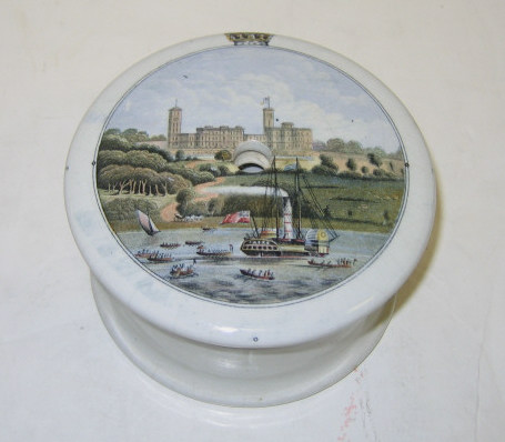 Appraisal: ENGLISH PRATTWARE COVERED JAR Circular lid transfer decorated with ships