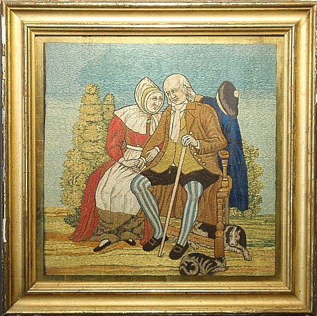 Appraisal: - Colorful English silkwork c of an older couple seated