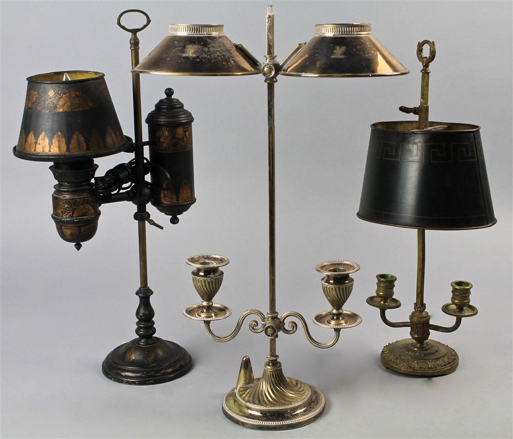 Appraisal: THREE BOUILLOTTE LAMPS including one crested English silvered brass with