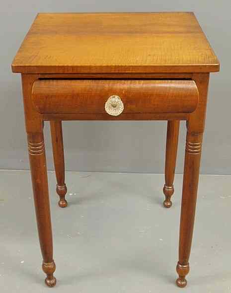 Appraisal: Sheraton tiger maple one-drawer stand c with turned legs h