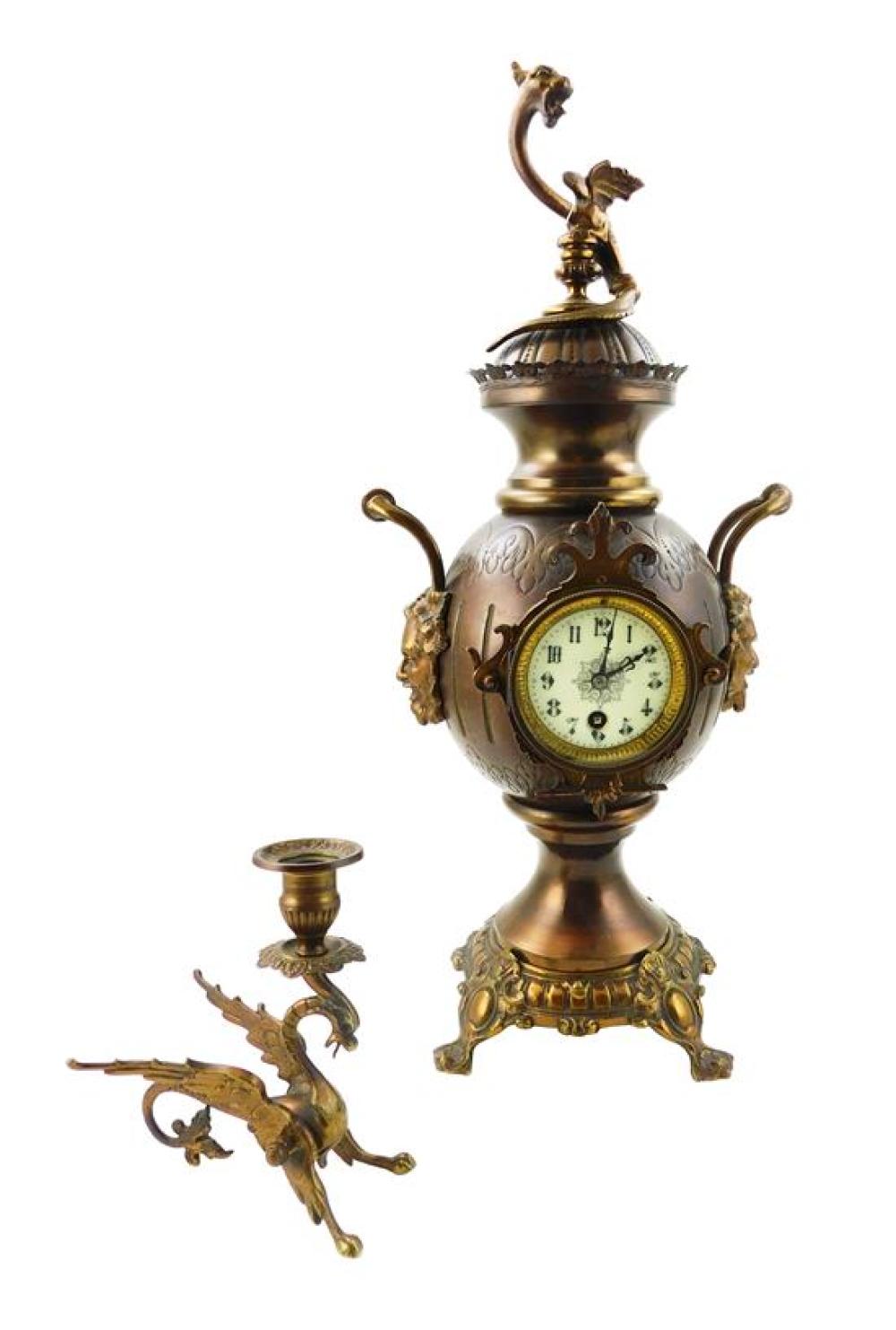 Appraisal: Bronze urn mantle clock and candlestick urn form clock with