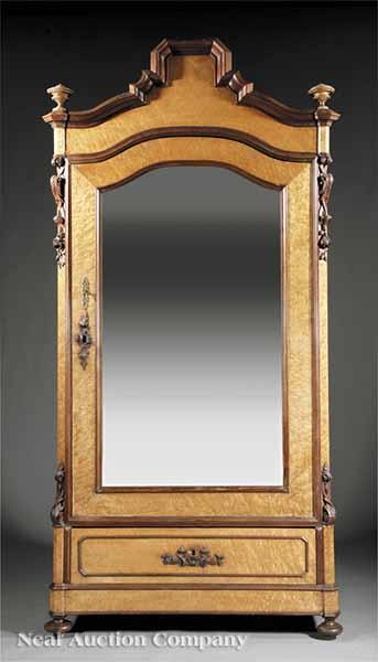 Appraisal: An American Renaissance Birdseye Maple and Mahogany Armoire mid- th