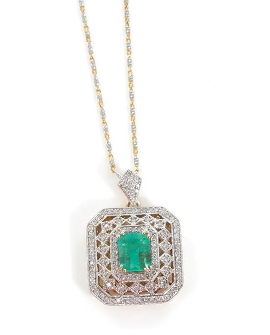 Appraisal: Emerald and diamond pendant on chain ct rectangular-cut natural emerald