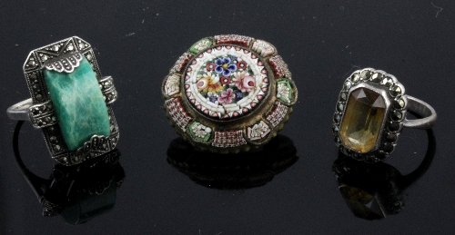 Appraisal: Two costume dress rings with marcasite borders a circular micromosaic