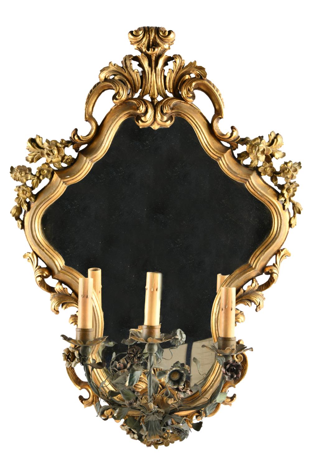 Appraisal: CONTINENTAL MIRRORED GILTWOOD SCONCEwith painted tole flowers and three arms