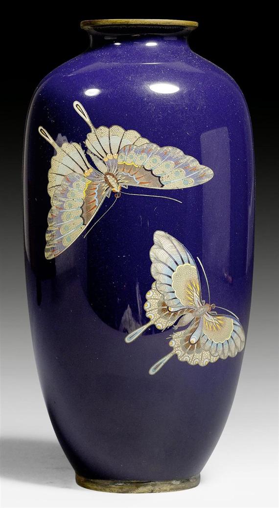 Appraisal: A DARK BLUE CLOISONN VASE DECORATED WITH BUTTERFLIES Japan Meiji